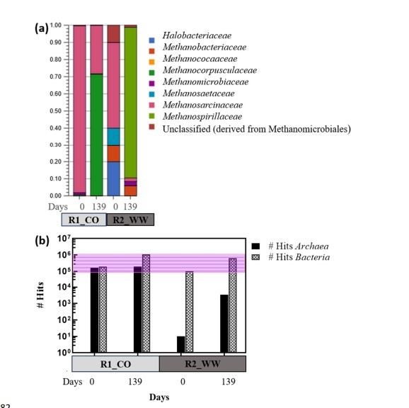 (a) Relative abundance of Archaea; (b) hit counts for Bacteria and Archaea in  R1-CO and R2-WW anaerobic digesters.