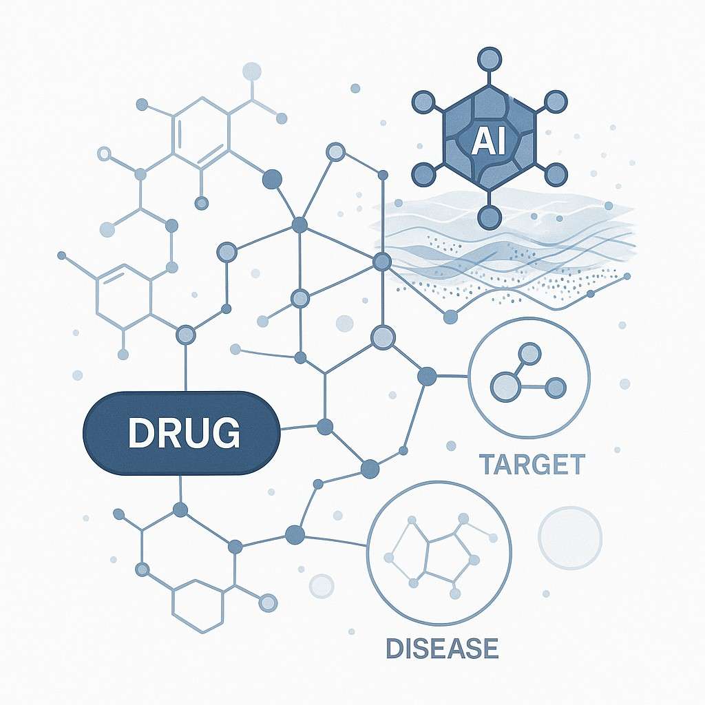 AI-powered drug repurposing network diagram showing drug-target-disease relationships