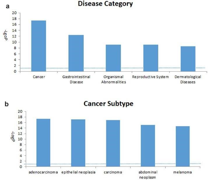 Figure 3. Top five associated disease categories (a) and top five cancer subtypes (b) identified analysis. (Li et al., 2018)