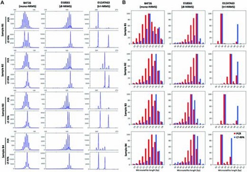 Figure 1. Microsatellite profiles of BAT26, D18S61, and D12ATA63 from four healthy blood samples (B1, B2, B3, B4) using PCR (20 ng of DNA in 20 μl) and LT-RPA. (Daunay et al., 2019)