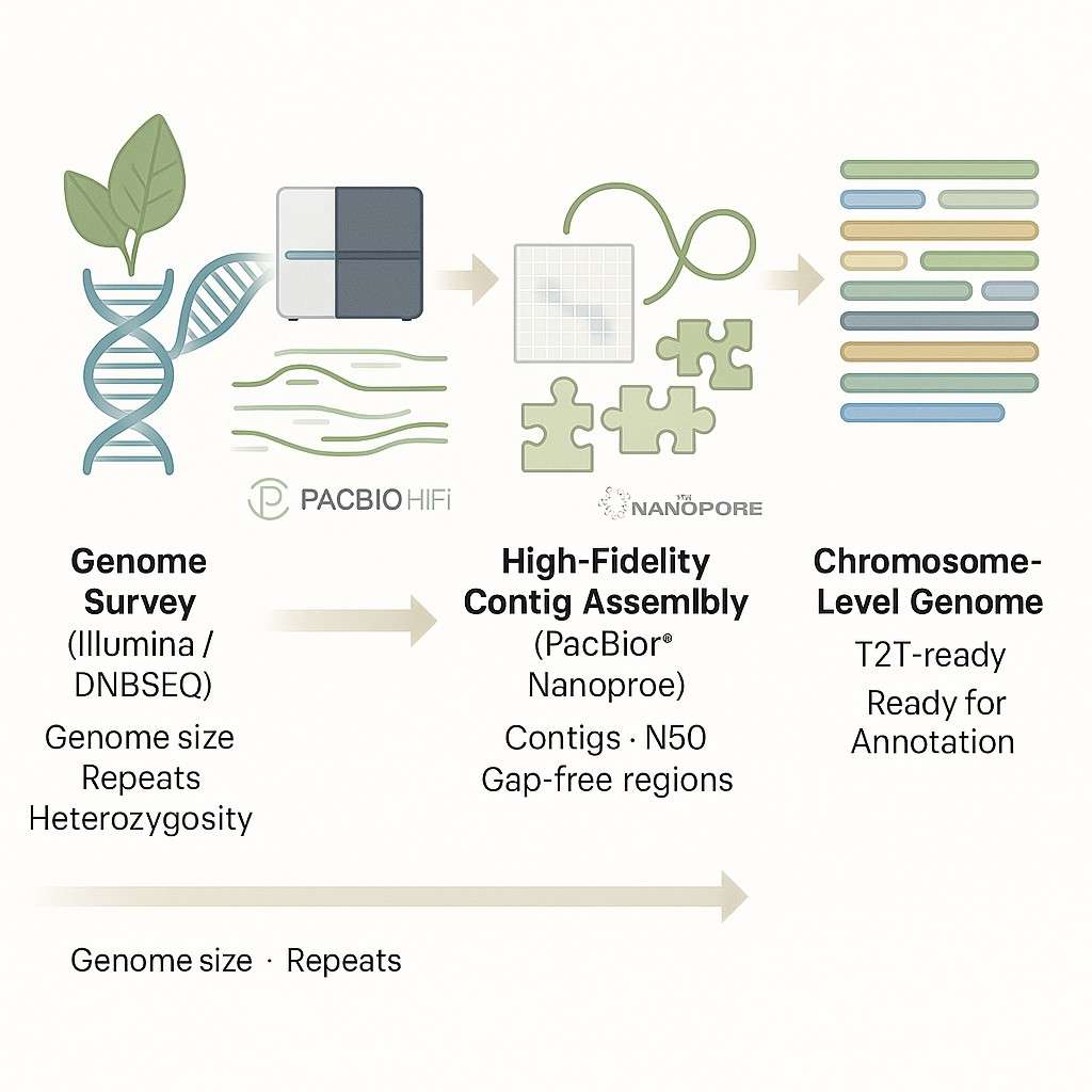 Four-step genome assembly workflow for plant and animal whole genome de novo sequencing with Illumina, PacBio, Nanopore,