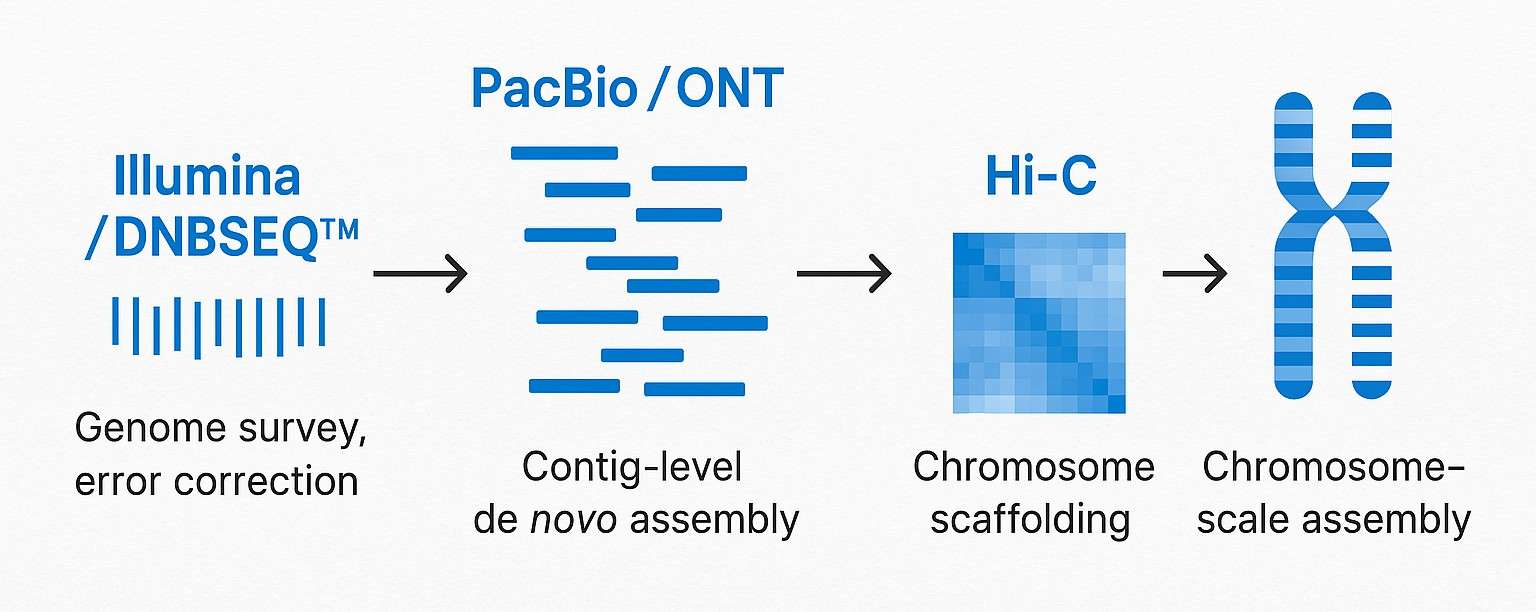 Genome assembly workflow from Illumina to PacBio/ONT to Hi-C to chromosome-level sequencing
