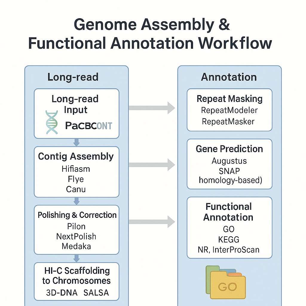 Genome assembly and annotation pipeline from long-read sequencing to functional databases.