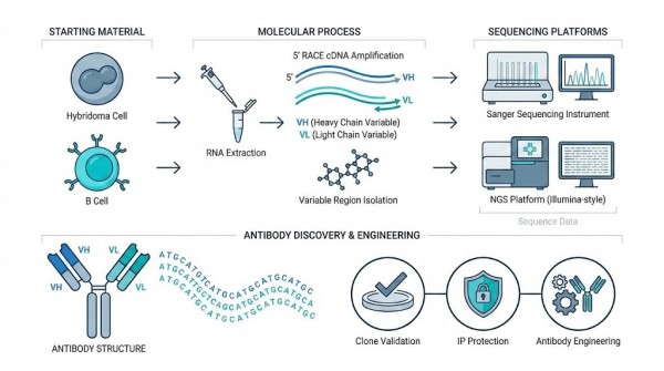 Illustrated workflow of antibody sequencing showing hybridoma processing, 5’ RACE amplification, Sanger/NGS sequencing, and VH/VL annotation for recombinant antibody development.