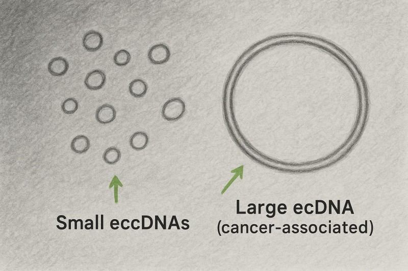 Stylized EM-like sketch depicting small eccDNA loops and a larger ecDNA loop for size contrast.
