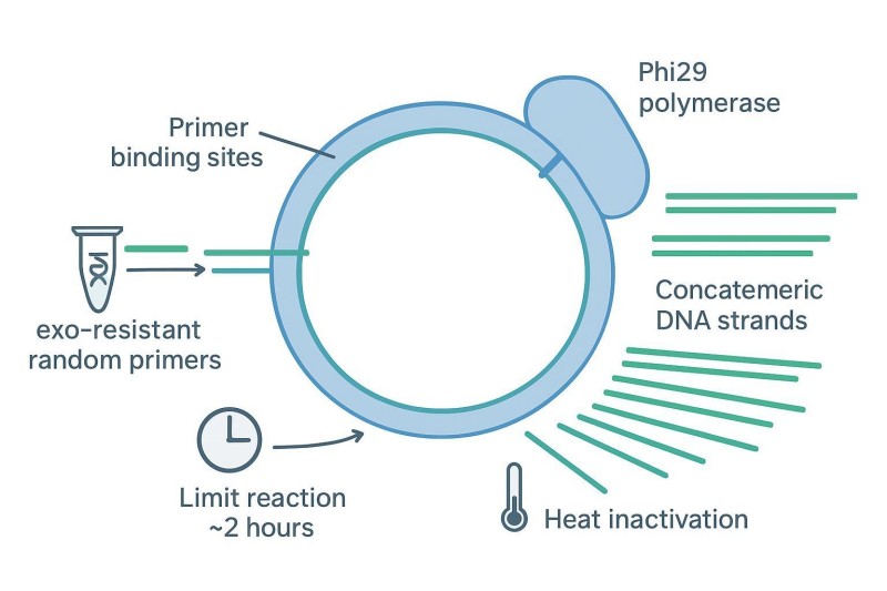 Phi29 rolling circle amplification mechanism producing concatemers, with mitigation tips annotated.