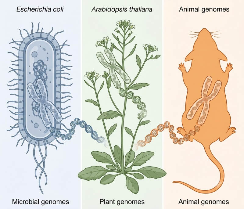 Microbial and plant/animal genome de novo sequencing illustration