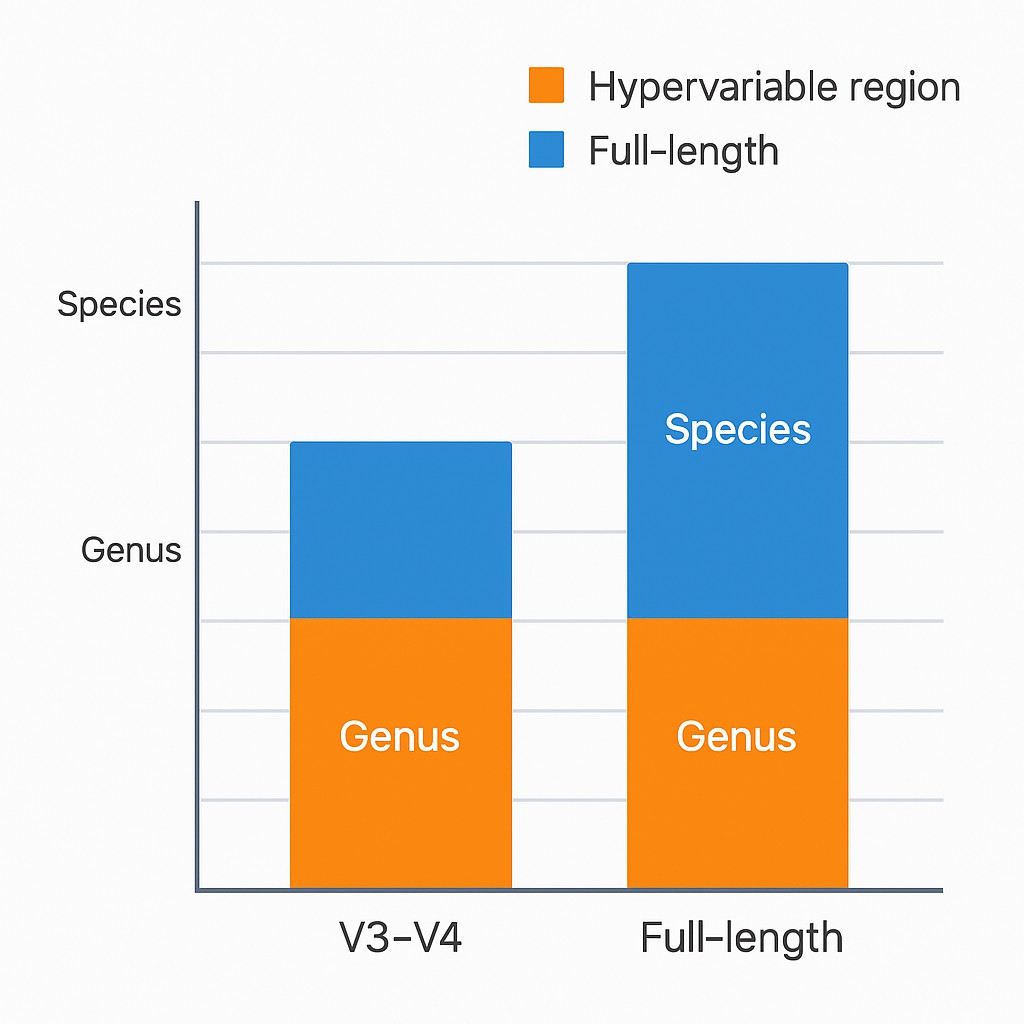 Taxonomic resolution comparison bar chart showing Illumina V3-V4 at genus level versus Nanopore full-length 16S at species level