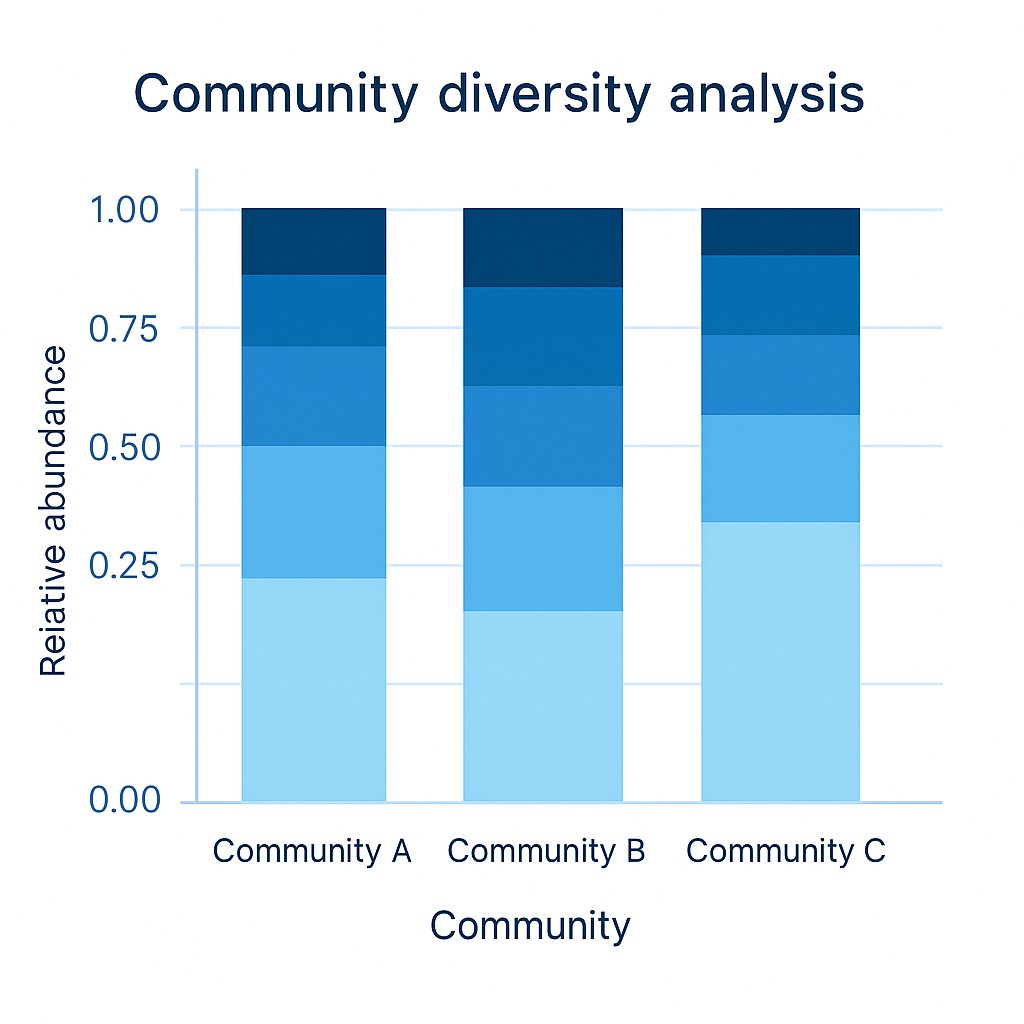 Nanopore amplicon sequencing community diversity analysis bar chart showing relative abundance across communities