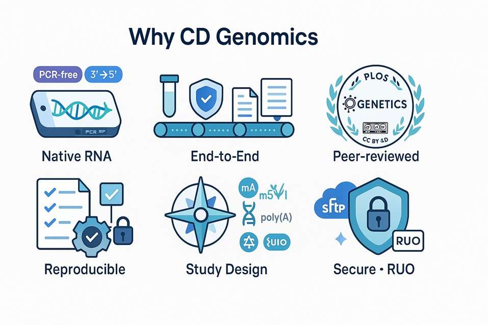Why CD Genomics—icons for native-RNA expertise, end-to-end workflow, validation, quality, tailored design, and secure RUO delivery.