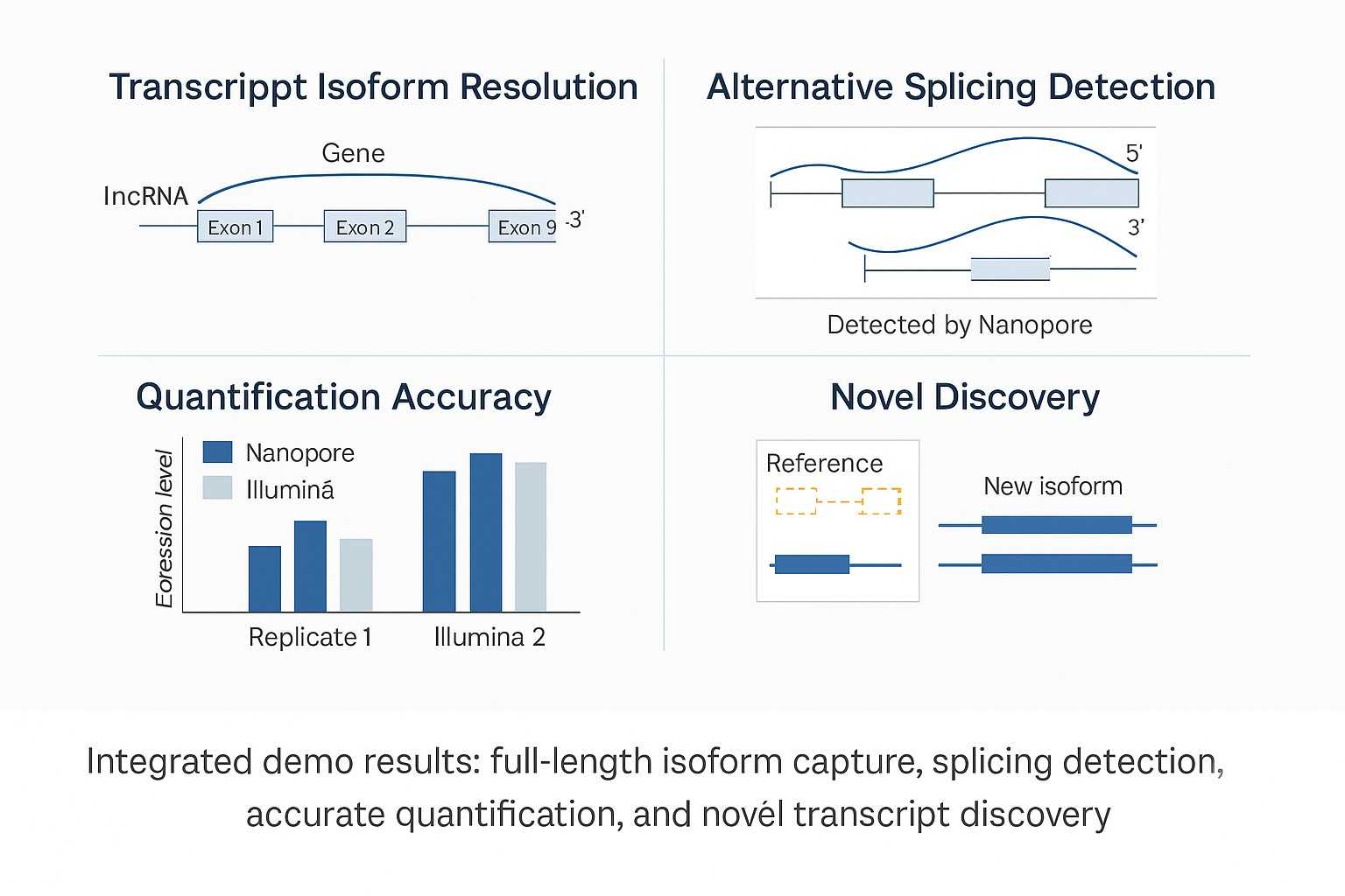 Nanopore full length lncRNA sequencing demo showing isoform resolution, splicing detection, quantification accuracy, and novel transcript discovery