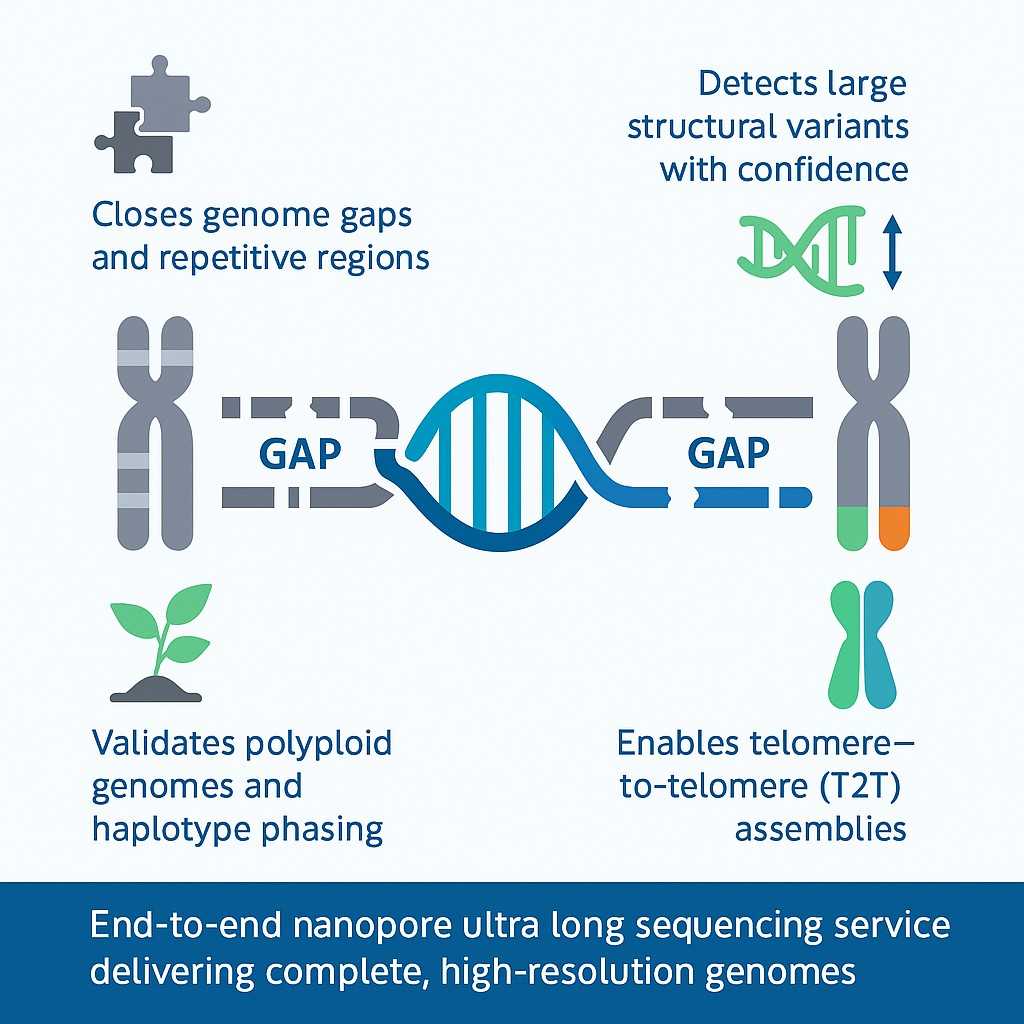 Nanopore ultra long sequencing infographic showing gap closure, structural variant detection, polyploid validation, and T2T assemblies