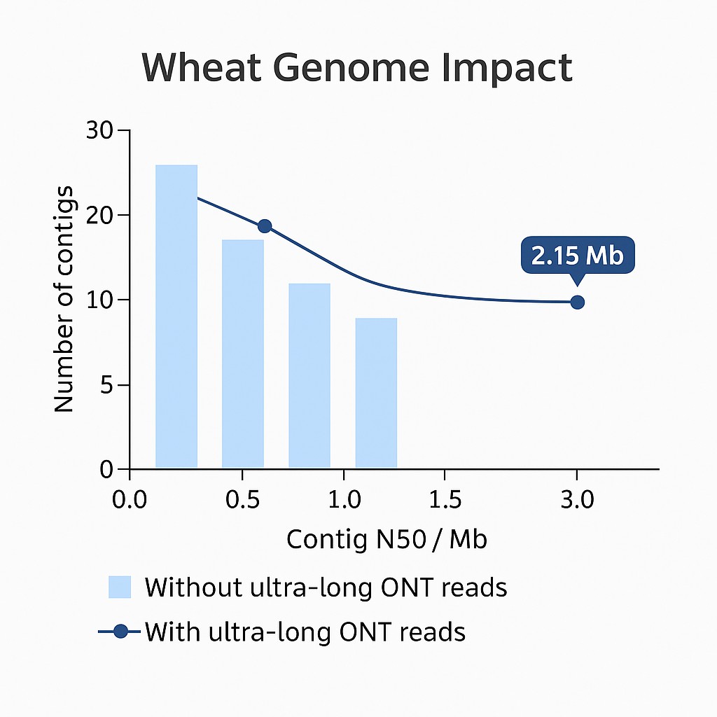 ONT ultra long sequencing improves wheat genome contig N50 from 341 kb to 2.15 Mb.