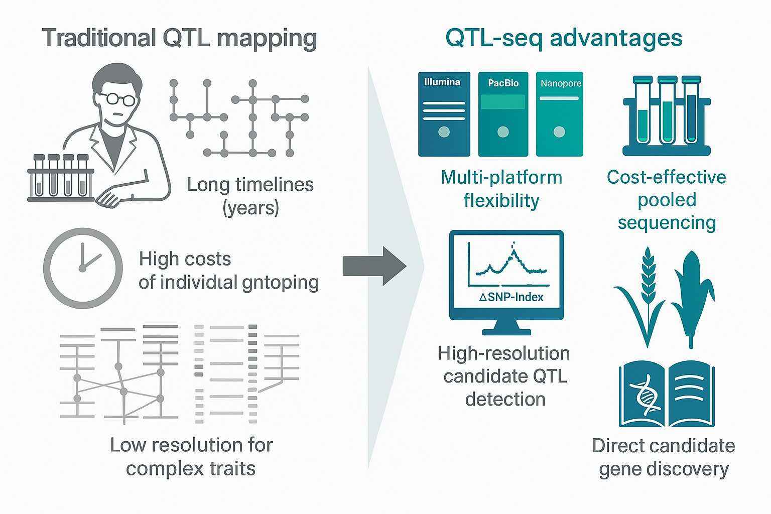 QTL-seq vs traditional QTL mapping infographic showing advantages and challenges