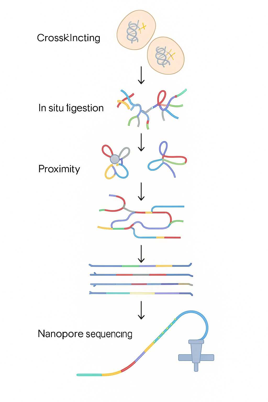 Pore-C sequencing principle showing crosslinking, ligation, and Nanopore long-read sequencing