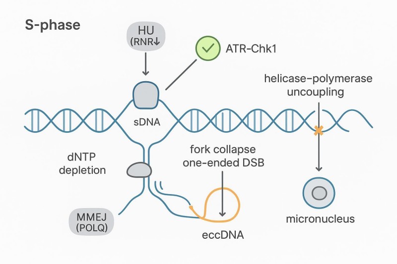 Mechanism schematic of HU-stalled fork leading to loop-out excision and eccDNA ligation via MMEJ
