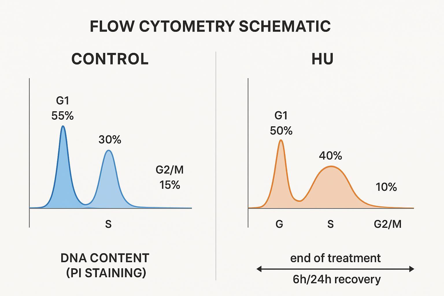 Flow cytometry schematic showing G1/S/G2 distribution changes under hydroxyurea treatment