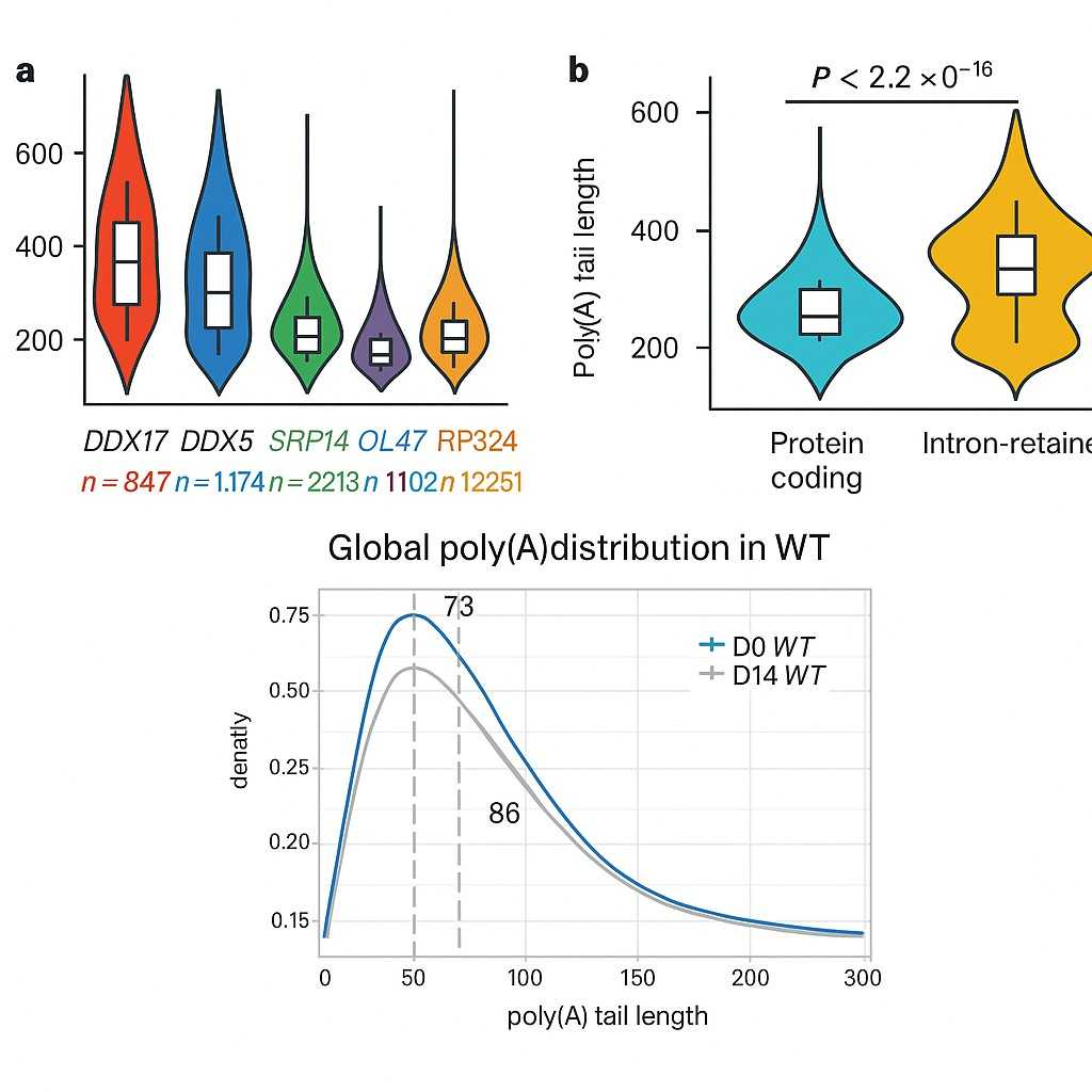 Violin plots of poly(A) tail lengths for five genes and for protein-coding vs intron-retained transcripts, plus global poly(A) length distribution curves in wild-type (D0 vs D14)
