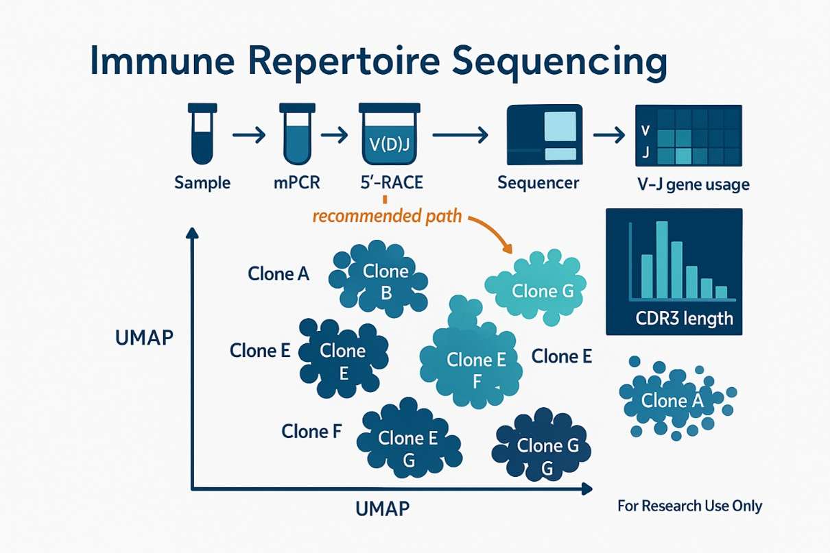 Immune repertoire sequencing flow (Sample → mPCR/5′-RACE → Sequencer) with UMAP clonotype clusters, V–J gene usage, and a CDR3 length chart (RUO). 